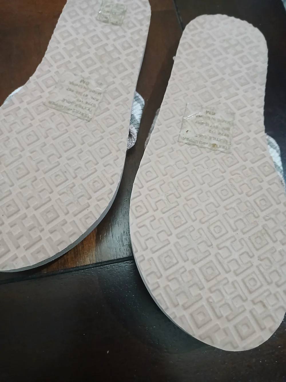 Tory Burch Pink and Gray Stripe Gimini Link Signature Logo Thong Sandals Size 6